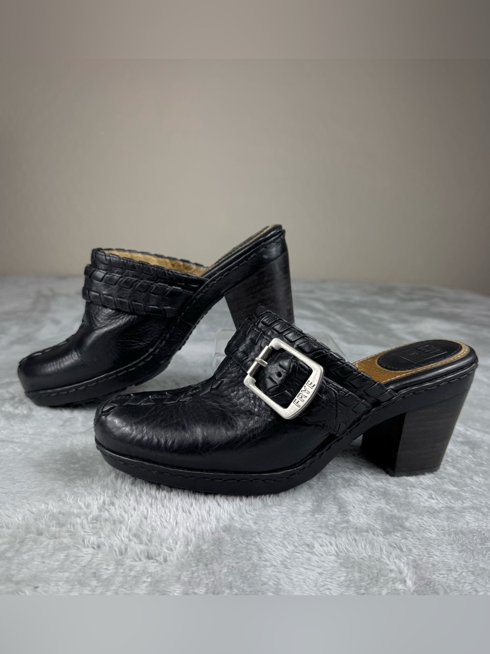 FRYE Candy Lace Size 6.5M Black Buckle Leather Mules Shoes Slides Clogs GUC